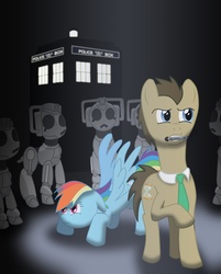 Size: 2574x3207 | Tagged: safe, artist:scyphi, doctor whooves, rainbow dash, time turner, cyberman, cyborg, g4, crossover, doctor who, high res, tardis, the doctor