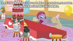 Size: 640x360 | Tagged: safe, madame leflour, mr. turnip, pinkie pie, rocky, sir lintsalot, g4, caption, hamlet, image macro, pinkamena diane pie, william shakespeare