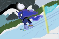 Size: 1500x1000 | Tagged: safe, artist:kinrah, princess luna, pony, g4, clothes, female, moon, scarf, skiing, snow, solo, wingless