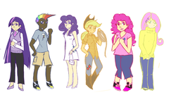 Size: 900x485 | Tagged: safe, applejack, fluttershy, pinkie pie, rainbow dash, rarity, twilight sparkle, human, g4, clothes, dark skin, dress, humanized, mane six, sweatershy