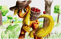 Size: 1679x1098 | Tagged: safe, artist:lordgood, applejack, earth pony, pony, g4, apple, bucket, female, food, mare, solo, traditional art, tree