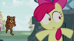 Size: 1023x573 | Tagged: safe, edit, edited screencap, screencap, apple bloom, earth pony, pony, bridle gossip, g4, my little pony: friendship is magic, bipedal, bipedal leaning, leaning, pedobear, worried