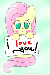 Size: 1288x1916 | Tagged: safe, artist:kitkatluvspie1329, fluttershy, pegasus, pony, g4, female, i love you, mare, sign, solo