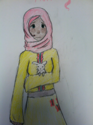 Size: 765x1024 | Tagged: safe, artist:spiritdiver, angel bunny, fluttershy, g4, clothes, hijab, humanized, islam, islamashy, skirt, traditional art