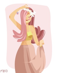 Size: 1080x1368 | Tagged: safe, artist:octoroxxx, fluttershy, human, g4, belly button, clothes, eyes closed, female, floral head wreath, humanized, long skirt, midriff, skirt, smiling, solo, tank top