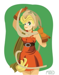 Size: 1280x1621 | Tagged: safe, artist:octoroxxx, applejack, human, g4, clothes, cutie mark earrings, dress, ear piercing, earring, female, humanized, jewelry, looking at you, piercing, rope, solo, wink