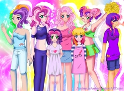 Size: 1042x766 | Tagged: safe, cheerilee, cheerilee (g3), pinkie pie (g3), rainbow dash (g3), scootaloo (g3), starsong, sweetie belle (g3), toola roola, human, g3, g3.5, armpits, belly button, breasts, cheerileeder, cheerleader, cheerleader outfit, cleavage, clothes, core seven, dress, female, humanized, midriff, skirt, sports bra