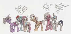 Size: 900x428 | Tagged: safe, artist:frankilew, applejack, fluttershy, pinkie pie, rainbow dash, rarity, twilight sparkle, earth pony, pegasus, pony, unicorn, g4, bald, dialogue, elderly, hair bun, mane six, mortal twilight, old, older, side hug, unicorn twilight