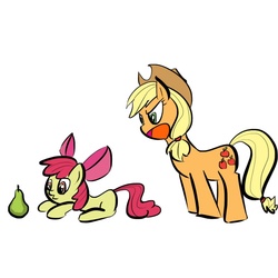 Size: 800x800 | Tagged: safe, artist:sunsomething, apple bloom, applejack, earth pony, pony, g4, angry, dishonorapple, female, filly, foal, fruit, fruit heresy, hilarious in hindsight, lying down, mare, open mouth, pear, pearesy, pearlarious in hindsight, prone, simple background, sisters, white background
