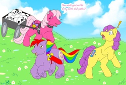 Size: 1000x678 | Tagged: safe, artist:thiscrispykat, bon bon (g1), oc, earth pony, pony, g1, my little pony tales, 2008, bipedal, day, earth pony oc, exclamation point, female, male, skull, trio, wat