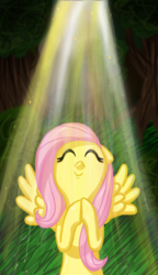 Size: 661x1148 | Tagged: safe, artist:wildannalise, fluttershy, pegasus, pony, g4, bust, crepuscular rays, eyes closed, female, floppy ears, happy, hooves together, mare, nose in the air, smiling, solo, spread wings, wings