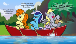 Size: 2183x1274 | Tagged: safe, artist:paintedmimosa, carrot top, derpy hooves, dinky hooves, golden harvest, minuette, pegasus, pony, g4, boat, female, mare