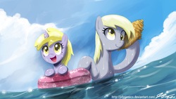 Size: 1600x900 | Tagged: safe, artist:johnjoseco, derpy hooves, dinky hooves, pegasus, pony, g4, duo, female, mare, ocean, seashell