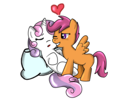 Size: 4823x3836 | Tagged: safe, artist:scarletts-fever, scootaloo, sweetie belle, pegasus, pony, unicorn, g4, female, filly, foal, heart, lesbian, open mouth, shipping, simple background, sleeping, transparent background