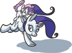 Size: 584x432 | Tagged: safe, artist:ponygoggles, rarity, sweetie belle, pony, unicorn, g4, duo, family, female, filly, foal, mare, ponies riding ponies, riding, siblings, sisters