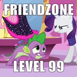 Size: 1000x1000 | Tagged: safe, edit, edited screencap, screencap, fluttershy, rarity, spike, g4, green isn't your color, caption, cropped, duo focus, friendzone, frown, image macro, pin, pincushion spike