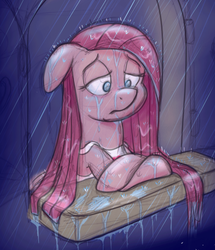 Size: 500x582 | Tagged: safe, artist:pippy, pinkie pie, earth pony, pony, g4, apron, clothes, depressed, female, mare, pinkamena diane pie, rain, sad, solo, wet mane