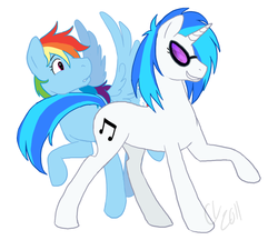 Size: 1000x862 | Tagged: safe, artist:cartoonlion, dj pon-3, rainbow dash, vinyl scratch, pegasus, pony, unicorn, g4, duo, female, mare, simple background, white background