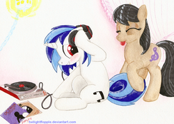 Size: 1123x798 | Tagged: safe, artist:foxxy-arts, dj pon-3, octavia melody, vinyl scratch, earth pony, pony, unicorn, g4, duo, eyes closed, female, mare, tongue out