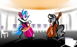 Size: 1756x1080 | Tagged: safe, artist:pupupu6000, dj pon-3, octavia melody, vinyl scratch, g4, cello, female, lesbian, musical instrument, ship:scratchtavia, shipping