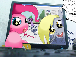Size: 1400x1050 | Tagged: safe, artist:hoyeechun, derpy hooves, pinkie pie, twilight sparkle, pegasus, pony, g4, computer, female, fourth wall, mare, youtube