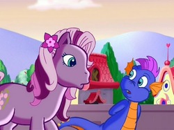 Size: 512x385 | Tagged: safe, screencap, master kenbroath gilspotten heathspike, wysteria, dragon, earth pony, pony, g3, the princess promenade, duo, duo male and female, female, male, mare