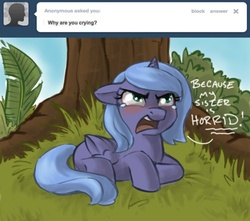 Size: 500x441 | Tagged: safe, artist:robd2003, princess luna, pony, moon-fall, g4, ask, crying, female, filly, grass, solo, tree, woona