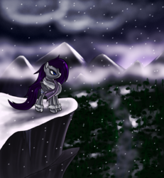 Size: 1400x1514 | Tagged: safe, artist:myhysteria, oc, oc only, oc:ice rain, pegasus, pony, cliff, clothes, not rarity, pegasus oc, scarf, snow, snowfall, solo, winter