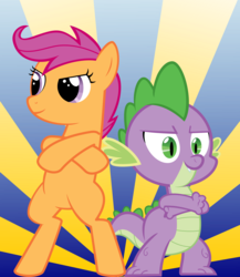 Size: 3442x3967 | Tagged: safe, artist:nickman983, scootaloo, spike, dragon, pegasus, pony, g4, badass, bipedal, crossed arms, duo, female, filly, heroic posing, high res, male, show accurate, sunburst background