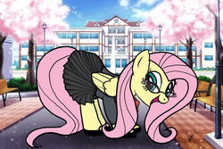 Size: 1500x1000 | Tagged: safe, artist:harold-genhi, fluttershy, pegasus, pony, g4, clothes, female, glasses, mare, open mouth, schoolgirl, solo