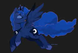 Size: 900x617 | Tagged: safe, artist:wicklesmack, princess luna, alicorn, pony, g4, eyes closed, female, flying, horn, jewelry, regalia, simple background, solo, wings
