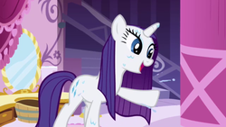 Size: 640x360 | Tagged: safe, screencap, rarity, pony, unicorn, g4, season 1, the ticket master, female, happy, open mouth, smiling, solo, wet, wet mane, wet mane rarity, wide eyes