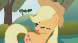 Size: 855x480 | Tagged: safe, screencap, applejack, earth pony, pony, friendship is magic, g4, my little pony: friendship is magic, apple, apple tree, female, food, mountain, one eye closed, solo, tree, wink