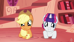 Size: 1920x1080 | Tagged: safe, screencap, applejack, rarity, crab pony, earth pony, pony, unicorn, g4, look before you sleep, season 1, golden oaks library, grin, hair curlers, smiling, smirk