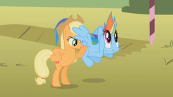 Size: 1280x720 | Tagged: safe, screencap, applejack, rainbow dash, earth pony, pegasus, pony, g4, female, mare, wat