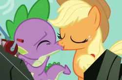 Size: 667x441 | Tagged: safe, applejack, spike, dragon, earth pony, pony, g4, dragon x pony, female, interspecies, kissing, male, ship:applespike, shipping, straight