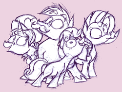 Size: 1005x765 | Tagged: safe, artist:capnpea, cookie crumbles, hondo flanks, rarity, sweetie belle, pony, unicorn, g4, crazy face, earring, family, female, filly, foal, male, mare, pink background, ship:cookieflanks, simple background, stallion, wide eyes