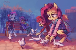 Size: 3448x2299 | Tagged: safe, artist:holivi, apple bloom, fluttershy, scootaloo, sweetie belle, earth pony, pegasus, anthro, g4, clothes, cottagecore, cutie mark crusaders, feeding, female, filly, foal, high res, mare, pigeons, uniform