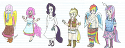 Size: 900x344 | Tagged: safe, artist:emopandaman, applejack, fluttershy, pinkie pie, rainbow dash, rarity, twilight sparkle, human, g4, apron, cleavage, clothes, dress, female, horn, horned humanization, humanized, long skirt, mane six, skirt, tailed humanization, traditional art, winged humanization