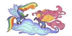 Size: 1200x600 | Tagged: safe, artist:macalaniaa, rainbow dash, scootaloo, pegasus, pony, g4, clothes, cloud, eyes closed, female, goggles, mare, simple background, smiling, transparent background, uniform, wonderbolts uniform