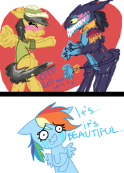 Size: 500x700 | Tagged: safe, artist:woop-de-de-doo, ahuizotl, daring do, rainbow dash, ahuizotl (species), pegasus, pony, g4, blushing, crying, eyes closed, female, floppy ears, hilarious in hindsight, male, mare, ship:darizotl, shipping, smiling, straight, wide eyes