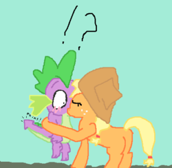 Size: 465x453 | Tagged: artist needed, safe, applejack, spike, dragon, pony, g4, blushing, butt, female, kiss on the lips, kissing, male, mare, plot, ship:applespike, shipping, something else also rises, straight, surprise kiss, surprised, tailboner