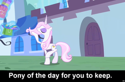 Size: 1024x672 | Tagged: safe, fleur-de-lis, pony, g4, canterlot, caption, cs captions, female, mare, solo