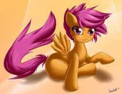 Size: 1300x1000 | Tagged: safe, artist:knifeh, scootaloo, pegasus, pony, g4, female, filly, foal, looking at you, sitting, solo