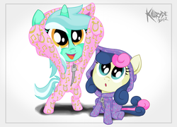 Size: 2500x1800 | Tagged: safe, artist:killryde, bon bon, lyra heartstrings, sweetie drops, g4, bipedal, clothes, cute, duo, filly, footed sleeper, lyrabetes, pajamas