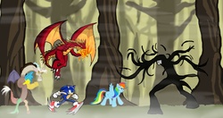 Size: 2110x1112 | Tagged: dead source, safe, artist:shinigamileo, discord, rainbow dash, dragon, g4, crossover, fight, forest, male, slenderman, sonic the hedgehog, sonic the hedgehog (series)