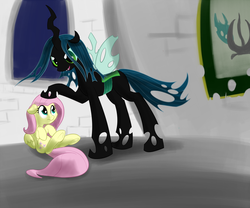 Size: 1000x833 | Tagged: dead source, safe, artist:whatsapokemon, fluttershy, queen chrysalis, changeling, changeling queen, g4, duo, female