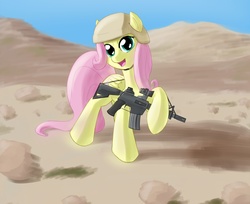 Size: 1200x979 | Tagged: safe, artist:whatsapokemon, fluttershy, pony, g4, aimpoint, ar-15, female, gun, military, reflex sight, rifle, solo, weapon