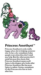 Size: 550x1000 | Tagged: safe, princess sparkle, spiny, dragon, pony, unicorn, g1, official, bucktooth, g1 backstory, looking at you, my little pony fact file, text