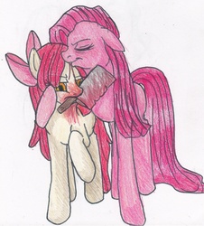 Size: 1976x2184 | Tagged: dead source, safe, artist:enigmaticfrustration, apple bloom, pinkie pie, earth pony, pony, fanfic:cupcakes, g4, blood, female, knife, lesbian, mare, mouth hold, older, pinkamena diane pie, pinkiebloom, shipping